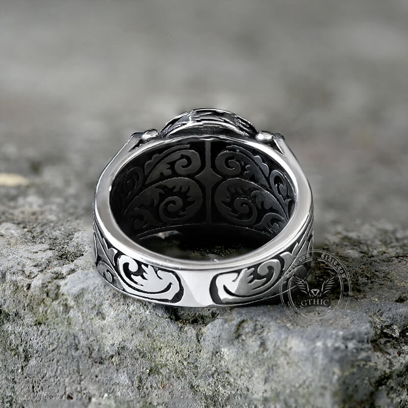 Vintage Malachite Inlaid Stainless Steel Gemstone Ring