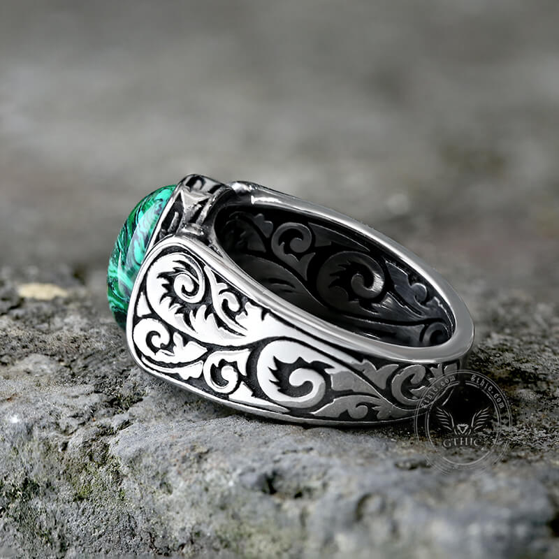 Vintage Malachite Inlaid Stainless Steel Gemstone Ring | Gthic.com