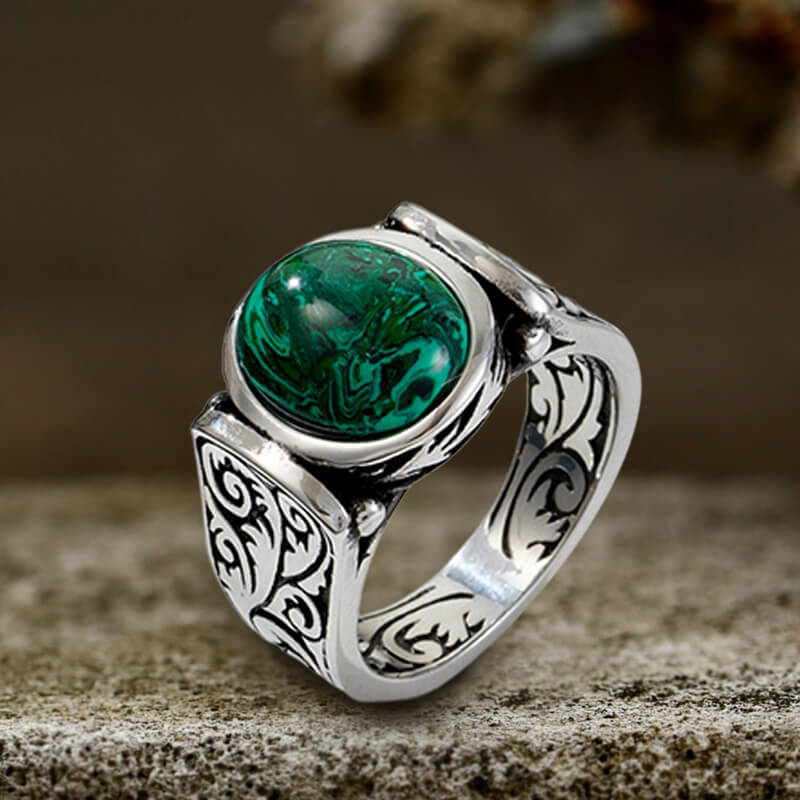 Vintage Malachite Inlaid Stainless Steel Gemstone Ring – GTHIC