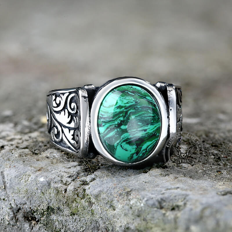 Vintage Malachite Inlaid Stainless Steel Gemstone Ring | Gthic.com