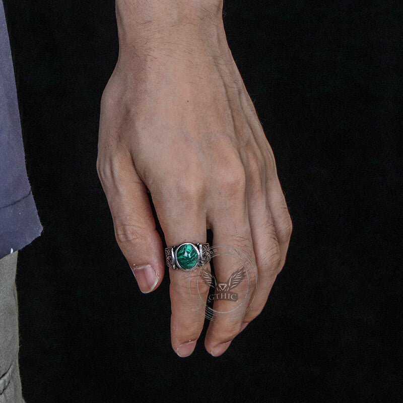 Vintage Malachite Inlaid Stainless Steel Gemstone Ring