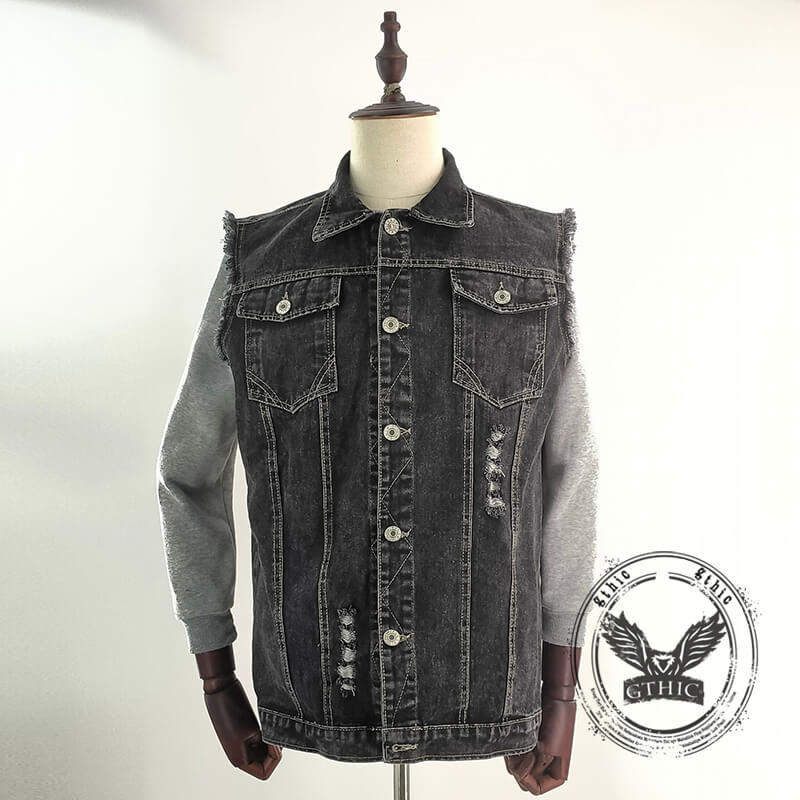Vintage Mechanic Skull Print Lapel Denim Vest | Gthic.com