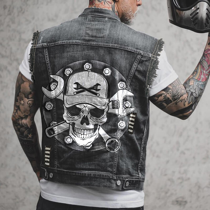 Vintage Mechanic Skull Print Lapel Denim Vest | Gthic.com