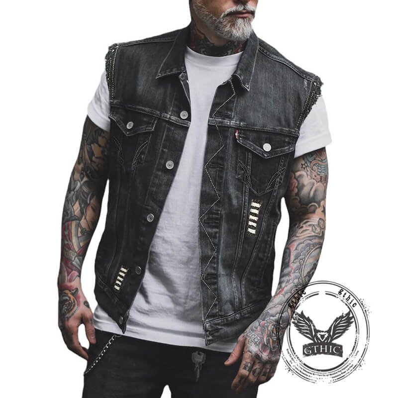 Vintage Mechanic Skull Print Lapel Denim Vest | Gthic.com