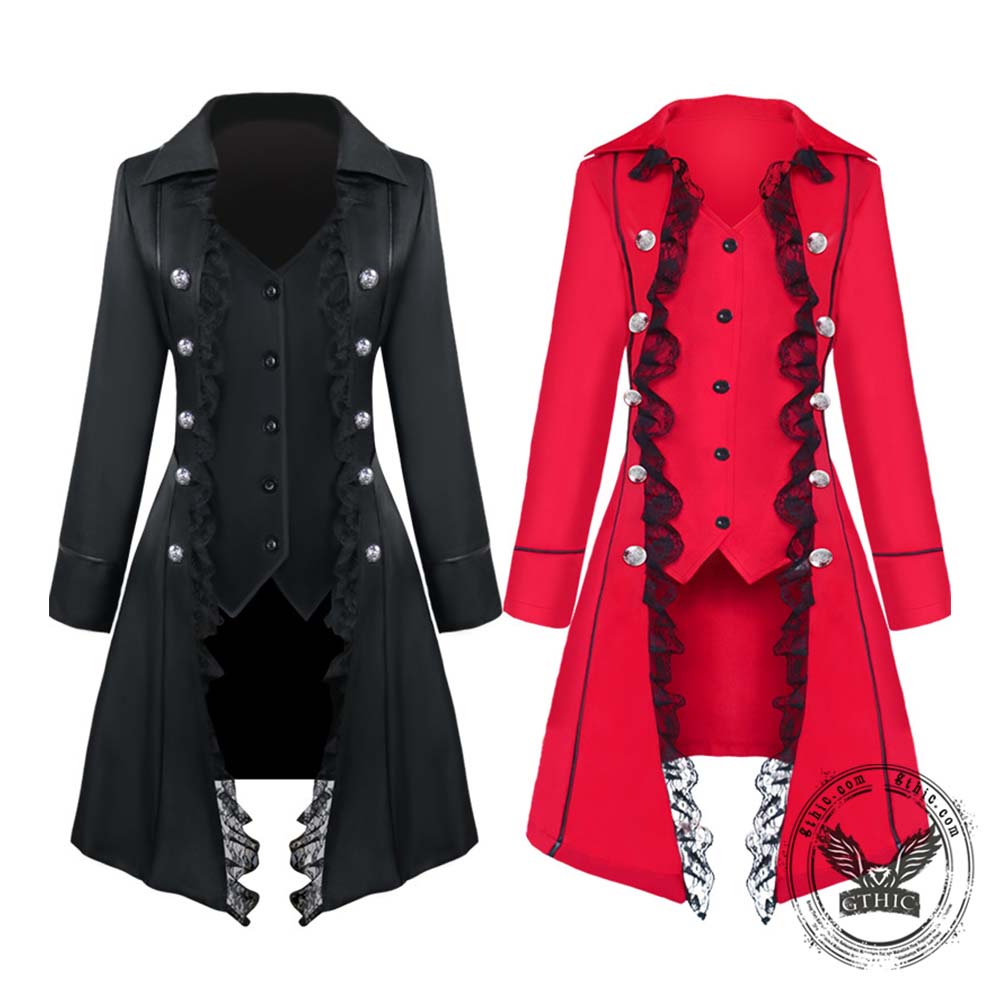 Vintage Medieval Lace Trim Gothic Long Trench Coat | Gthic.com