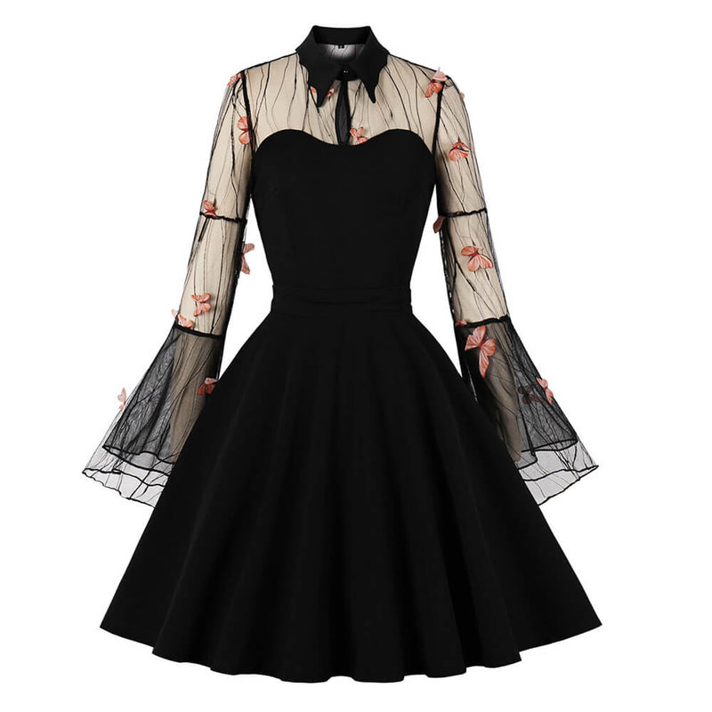 Vintage Mesh Butterfly Embroidery Trumpet Sleeve Dress 01 | Gthic.com