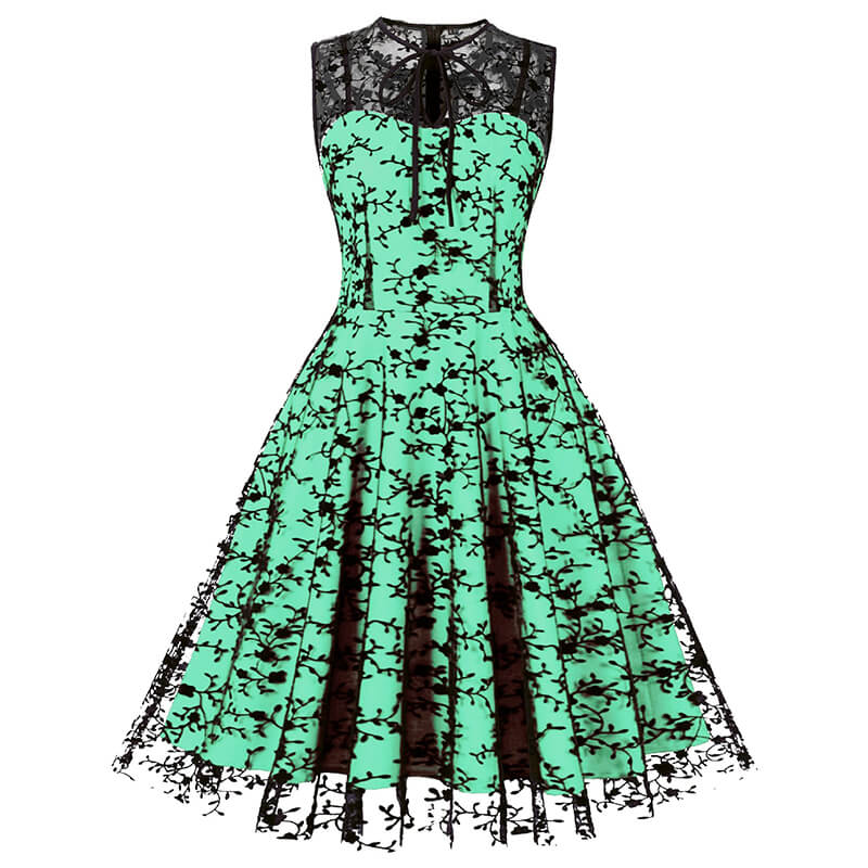 Vintage Mesh Embroidered Sleeveless Dress, Green / M (Bust 96 cm) Vintage Mesh Embroidered Sleeveless Dress, Green / M (Bust 96 cm)