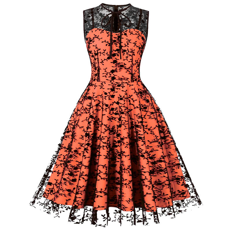 Vintage Mesh Embroidered Sleeveless Dress, Orange / M (Bust 96 cm) Vintage Mesh Embroidered Sleeveless Dress, Orange / M (Bust 96 cm)
