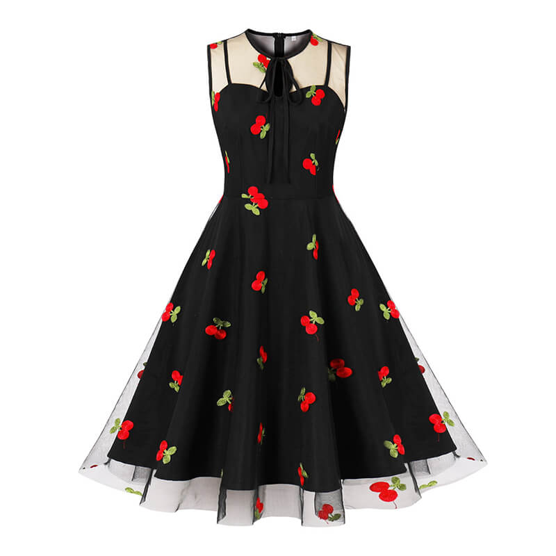 Vintage Mesh Embroidered Sleeveless Dress, Black Cherry / M (Bust 96 cm) Vintage Mesh Embroidered Sleeveless Dress, Black Cherry / M (Bust 96 cm)