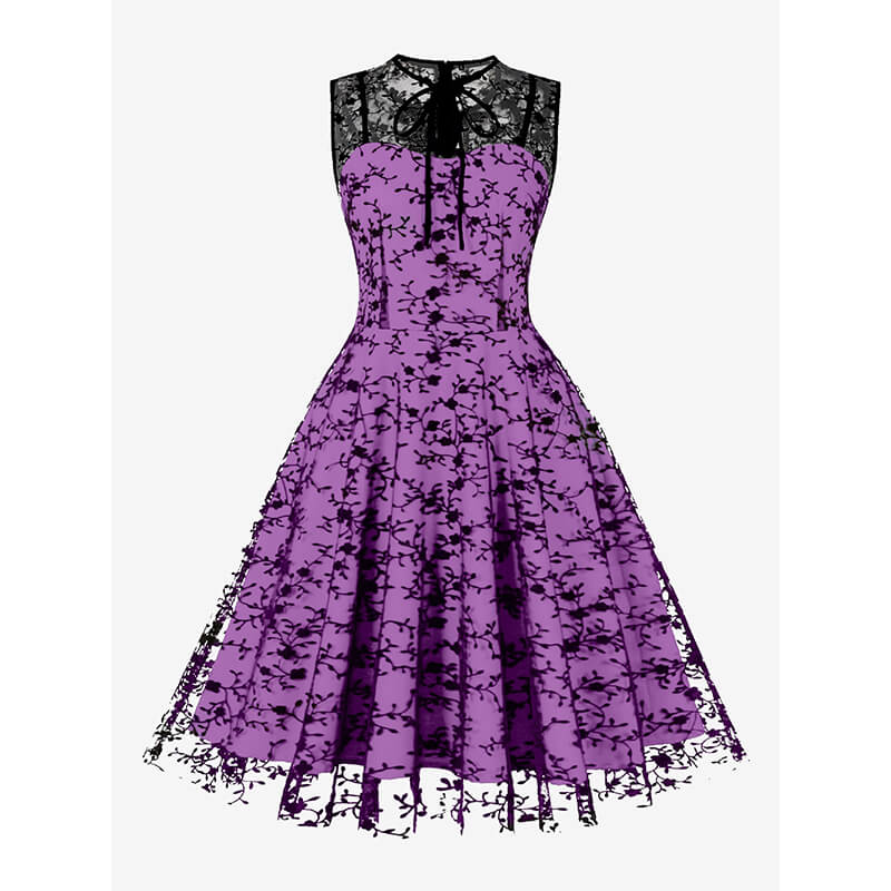Vintage Mesh Embroidered Sleeveless Dress, Purple / S (Bust 92 cm) Vintage Mesh Embroidered Sleeveless Dress, Purple / S (Bust 92 cm)