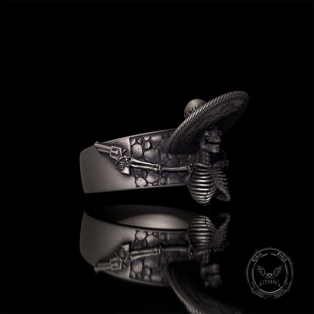 Vintage Mexican Skull Sterling Silver Biker Pistol Ring | Gthic.com