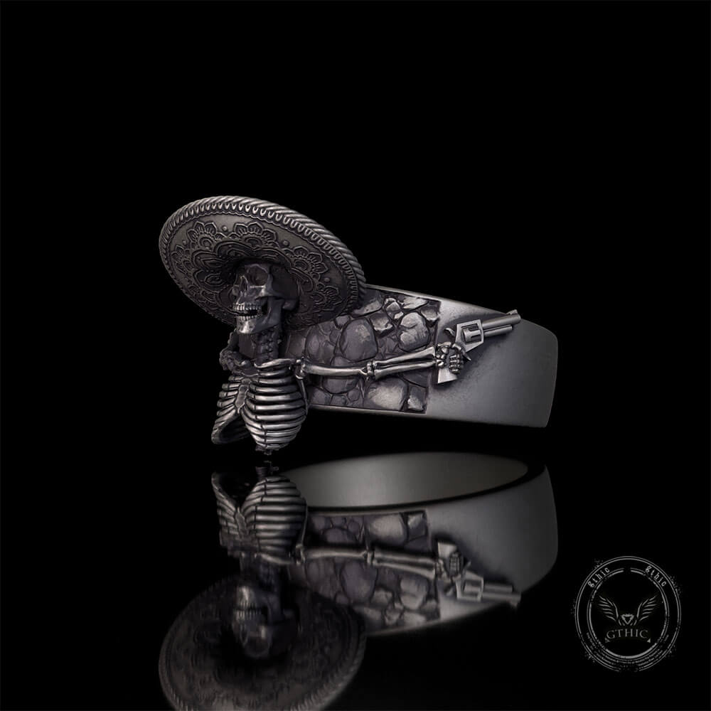 Vintage Mexican Skull Sterling Silver Biker Pistol Ring | Gthic.com