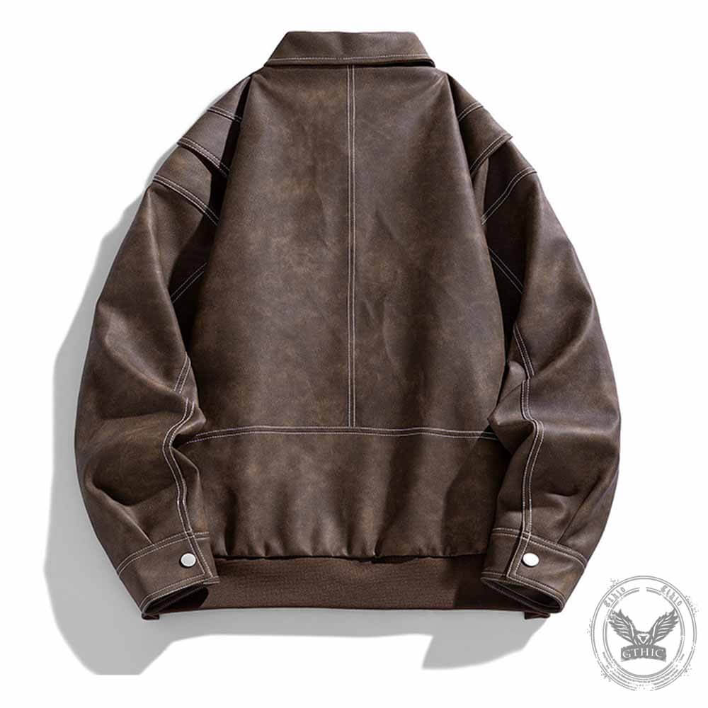 Vintage Multicolor Lapel Casual Leather Jacket | Gthic.com