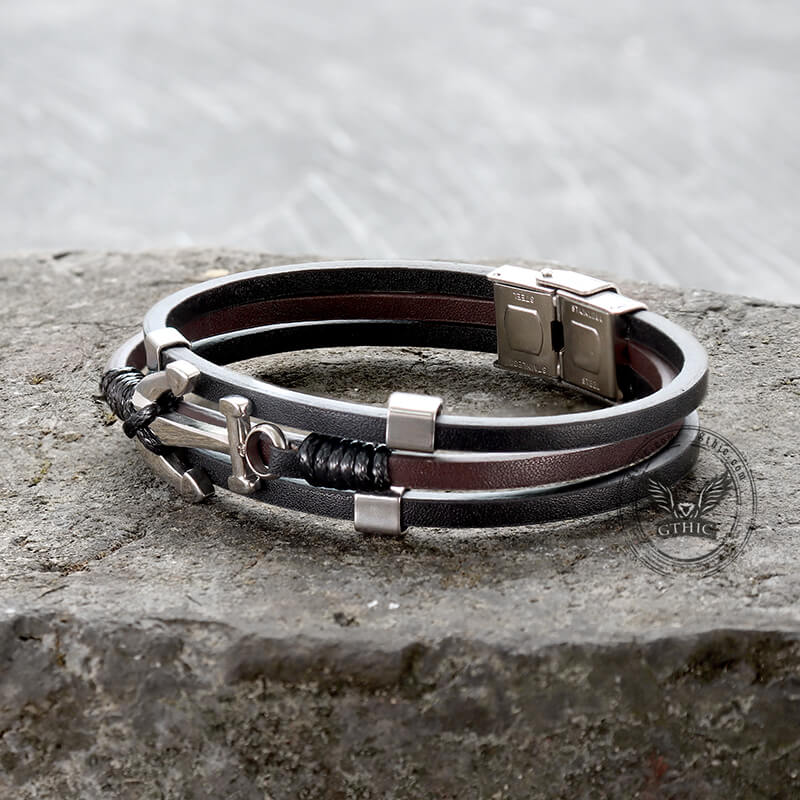 Vintage Multilayer Leather Anchor Stainless Steel Bracelet | Gthic.com