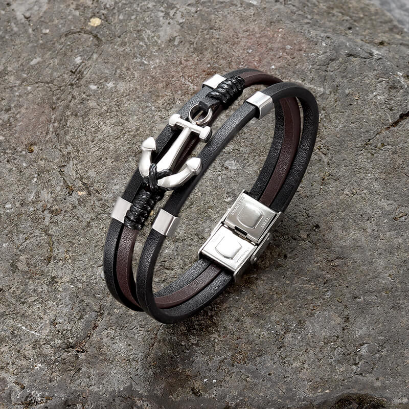 Vintage Multilayer Leather Anchor Stainless Steel Bracelet | Gthic.com