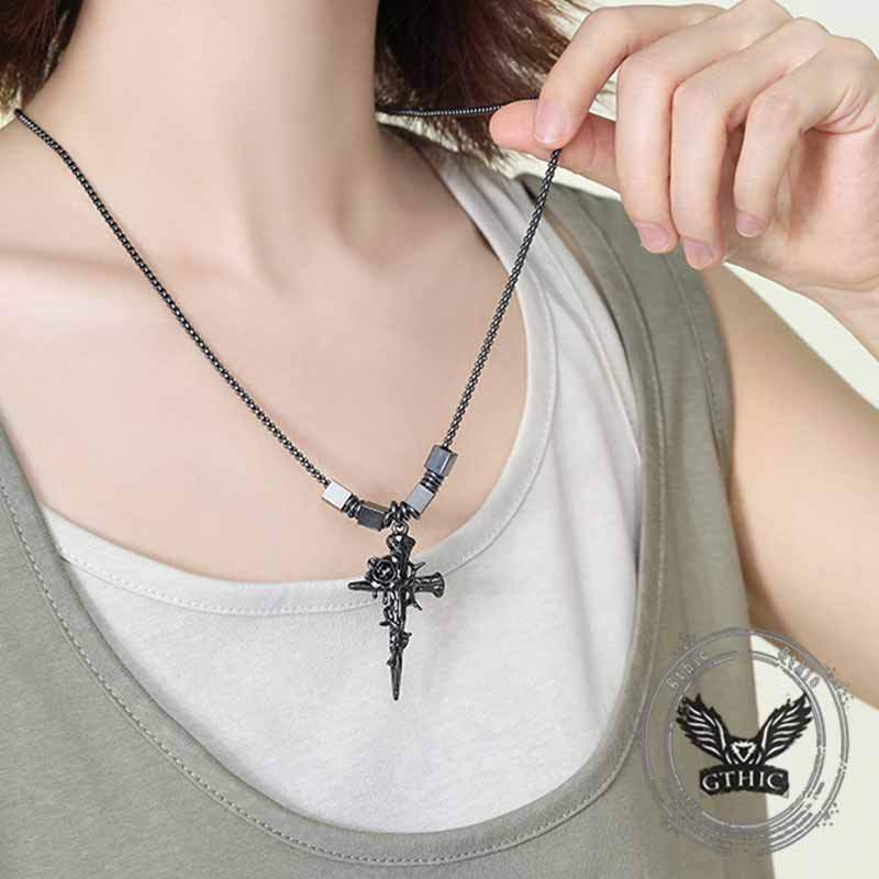Vintage Nail Cross Thorn Rose Alloy Necklace 02 | Gthic.com