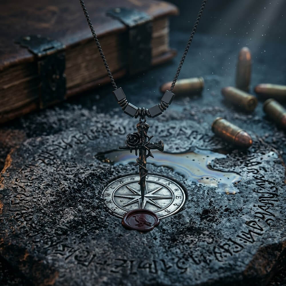 Vintage Nail Cross Thorn Rose Alloy Necklace | Gthic.com