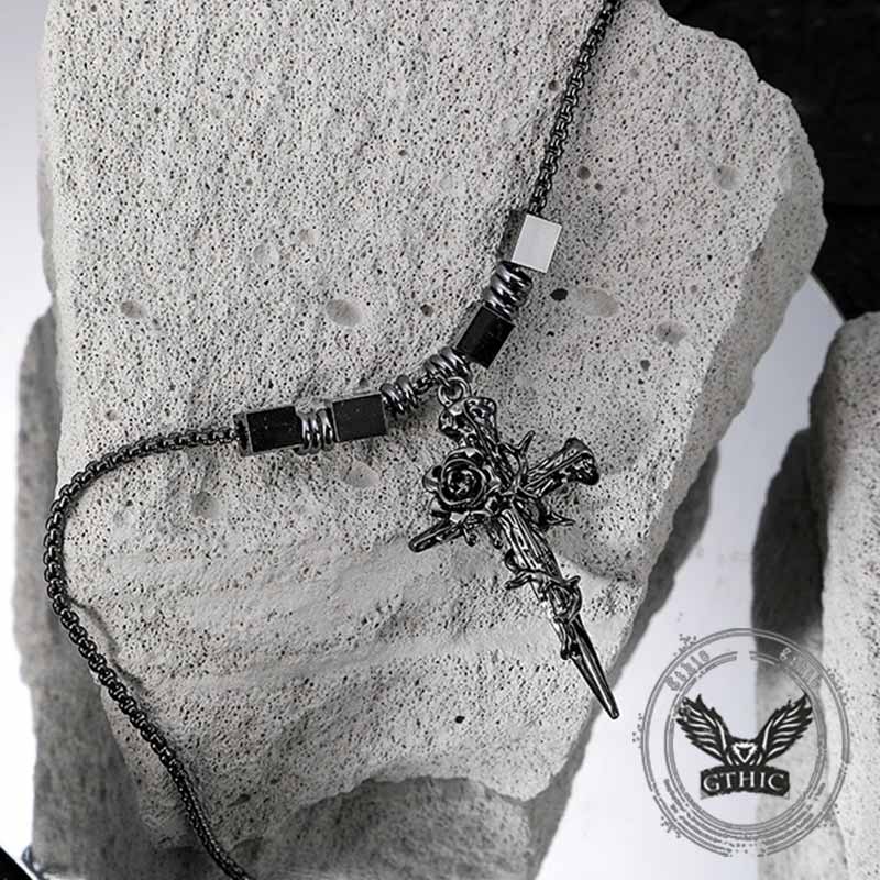 Vintage Nail Cross Thorn Rose Alloy Necklace