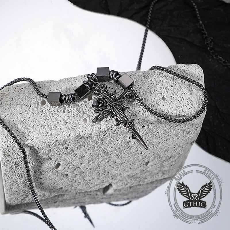 Vintage Nail Cross Thorn Rose Alloy Necklace