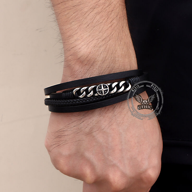 Vintage Octagonal Star Stainless Steel Leather Bracelet