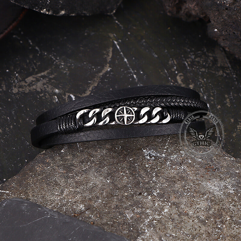 Vintage Octagonal Star Stainless Steel Leather Bracelet