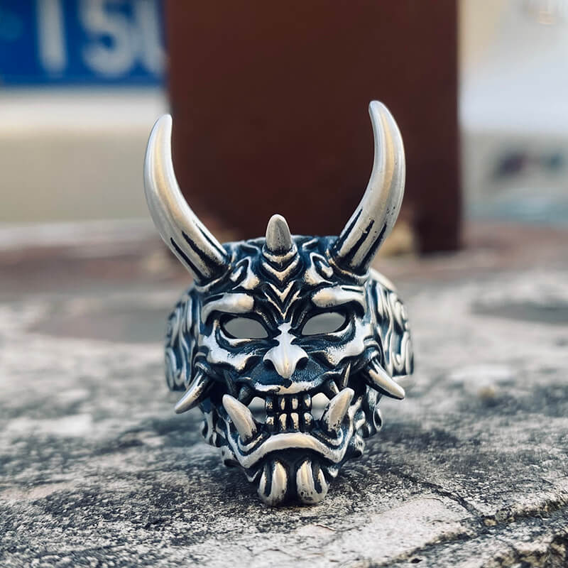 Vintage Oni Mask Sterling Silver Ring | Gthic.com