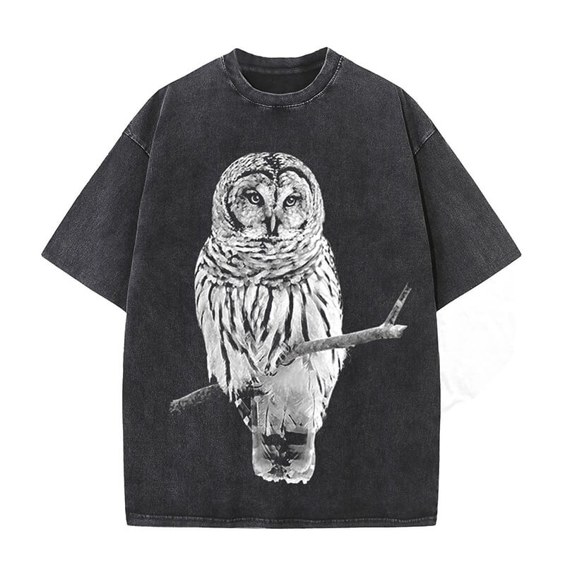 Vintage Owl Print Washed Short Sleeve T-shirt | Gthic.com