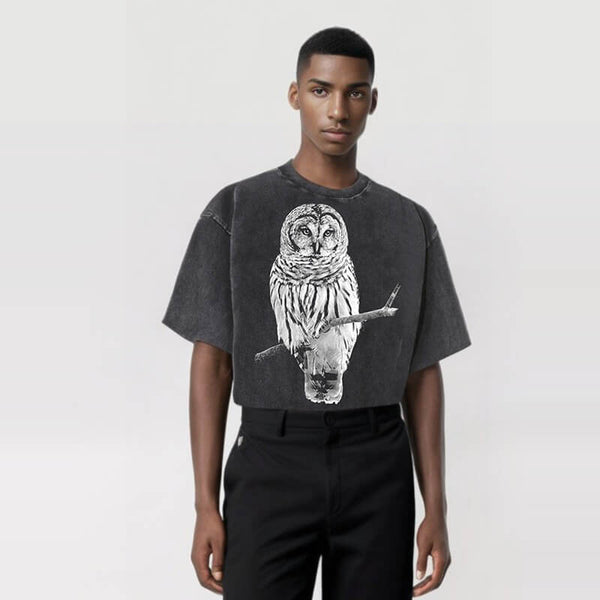 Vintage Owl Print Washed Short Sleeve T-shirt | Gthic.com