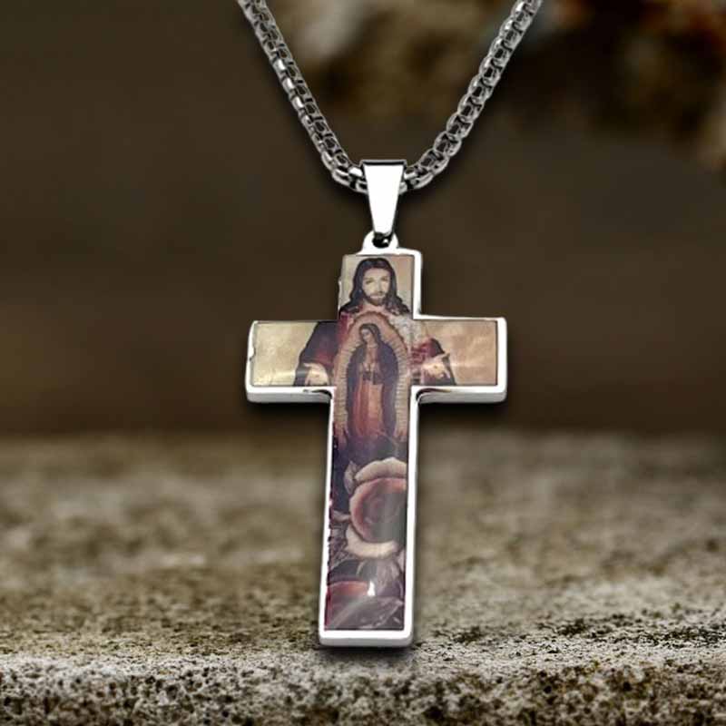 Vintage Painted Jesus Cross Stainless Steel Pendant