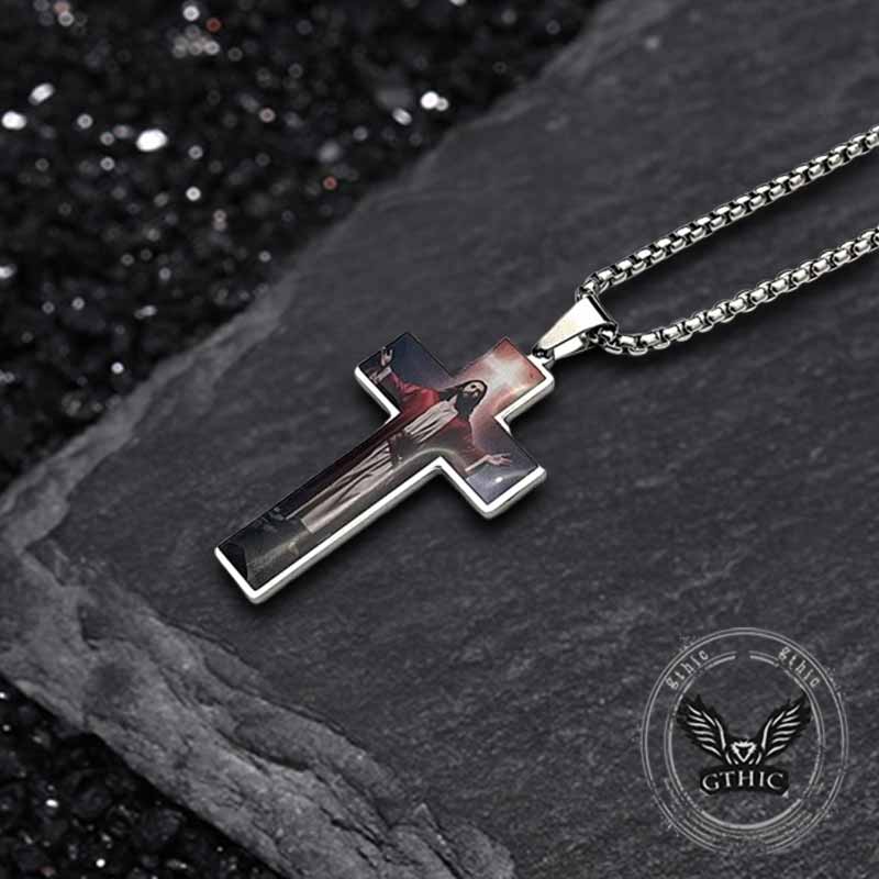 Vintage Painted Jesus Cross Stainless Steel Pendant 02 | Gthic.com