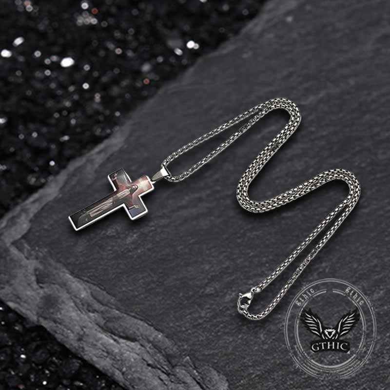Vintage Painted Jesus Cross Stainless Steel Pendant 03 | Gthic.com