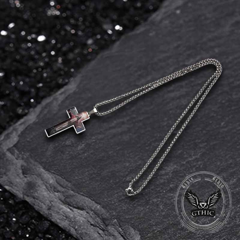 Vintage Painted Jesus Cross Stainless Steel Pendant