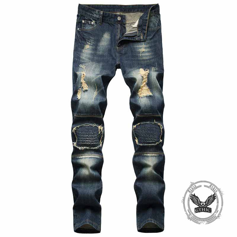 Vintage Patches Decoration Ripped Straight Jeans 03 | Gthic.com