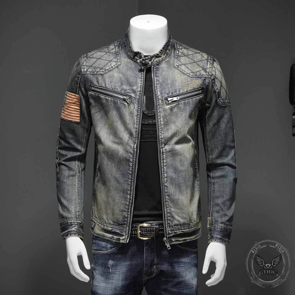 Vintage Patchwork Stand Collar Denim Jacket 01 | Gthic.com