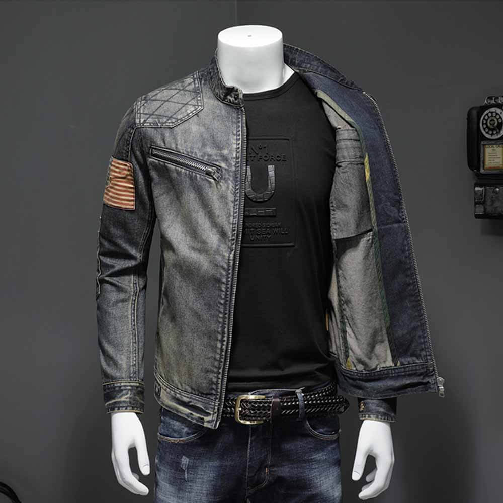 Vintage Patchwork Stand Collar Denim Jacket 02 | Gthic.com