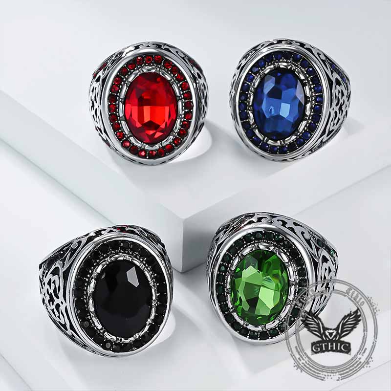 Vintage Pattern Gemstone-Set Stainless Steel Ring | Gthic.com