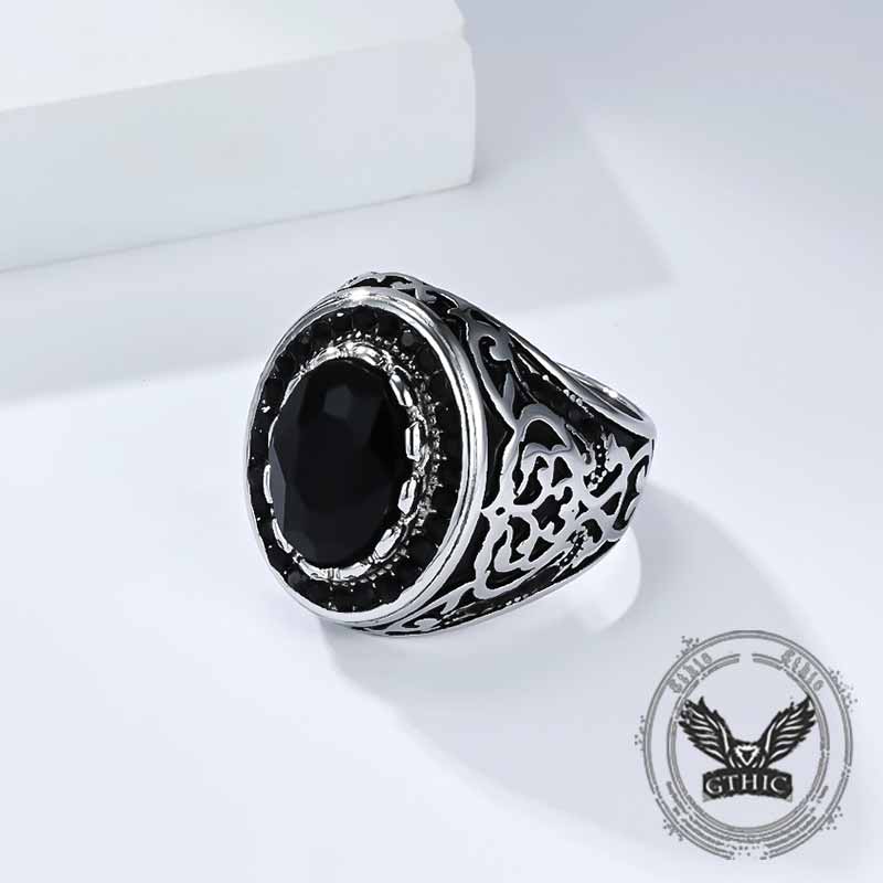 Vintage Pattern Gemstone-Set Stainless Steel Ring