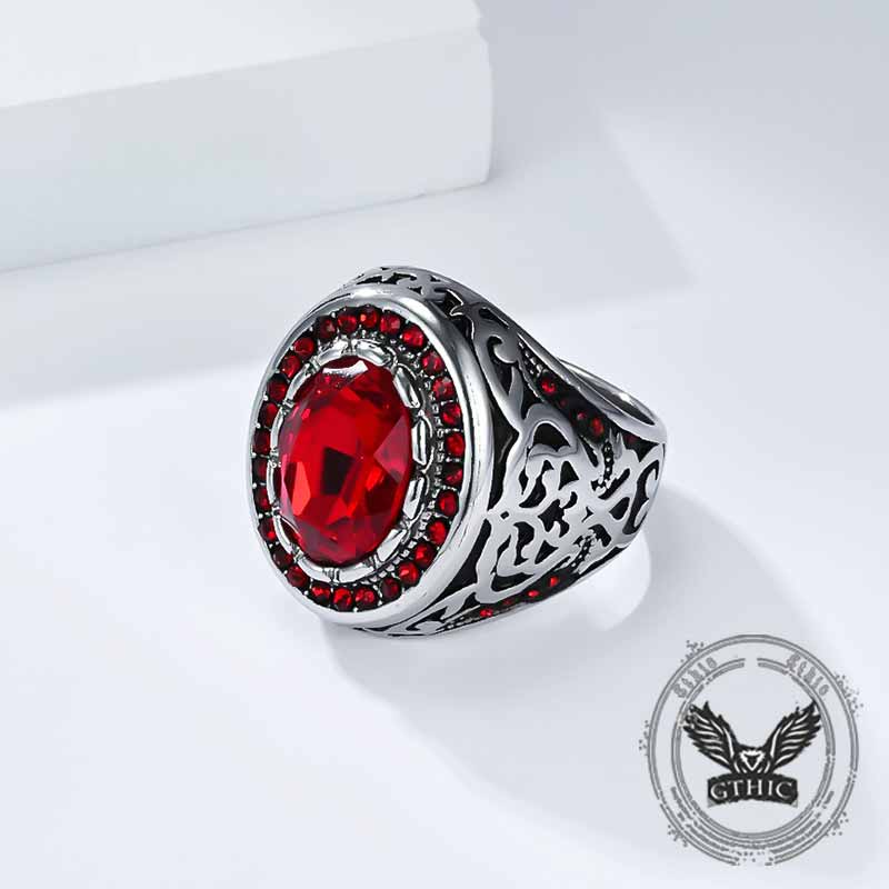 Vintage Pattern Gemstone-Set Stainless Steel Ring