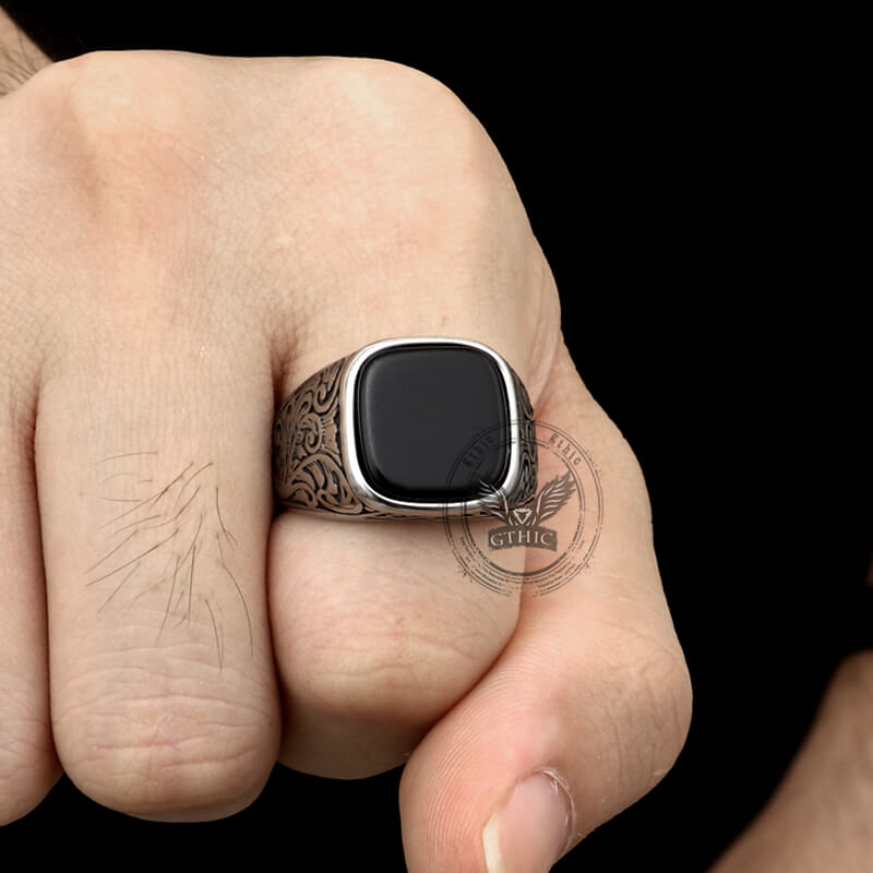 Vintage Pattern Square Turquoise Stainless Steel Ring | Gthic.com