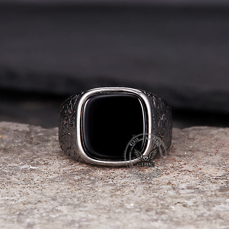 Vintage Pattern Square Turquoise Stainless Steel Ring | Gthic.com