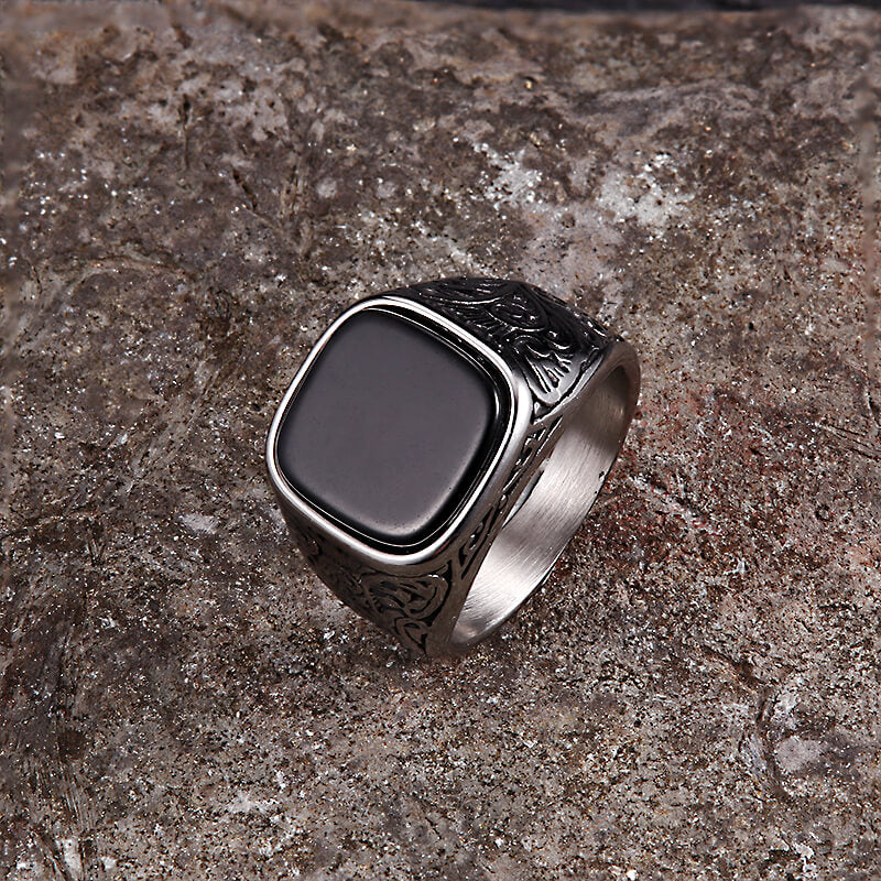 Vintage Pattern Square Turquoise Stainless Steel Ring