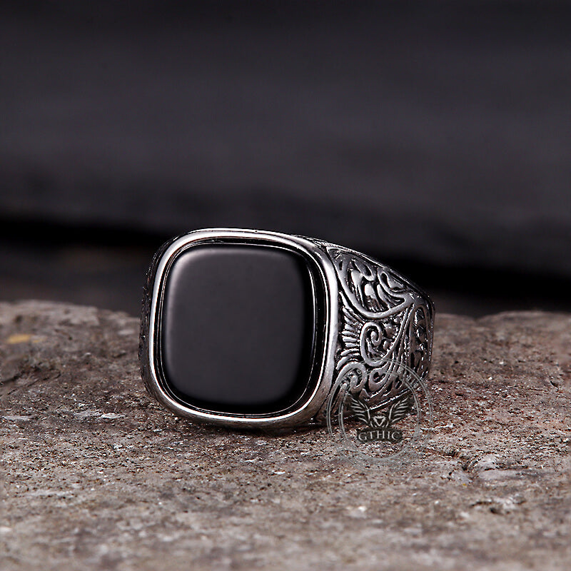 Vintage Pattern Square Turquoise Stainless Steel Ring | Gthic.com