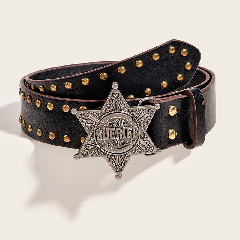 Vintage Pattern Star Buckle Studded Leather Belt | Gthic.com