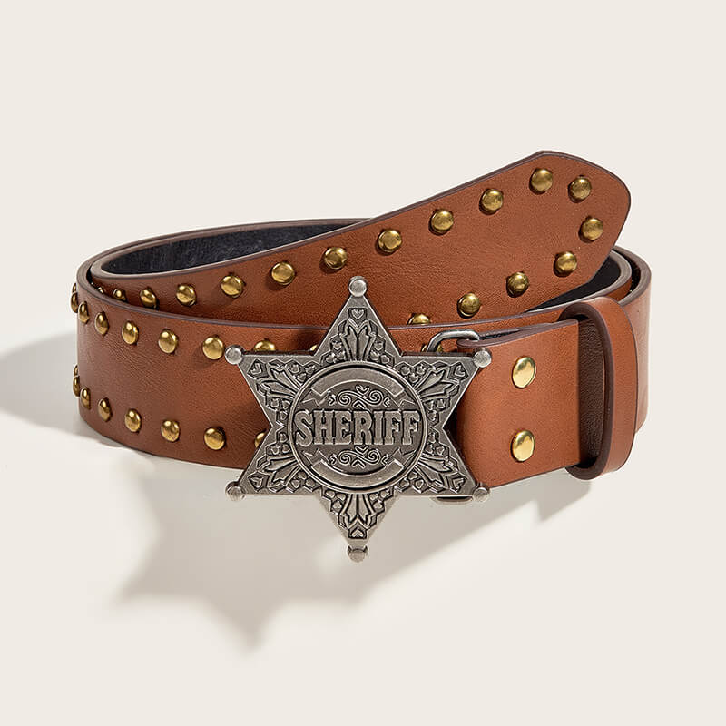 Vintage Pattern Star Buckle Studded Leather Belt | Gthic.com