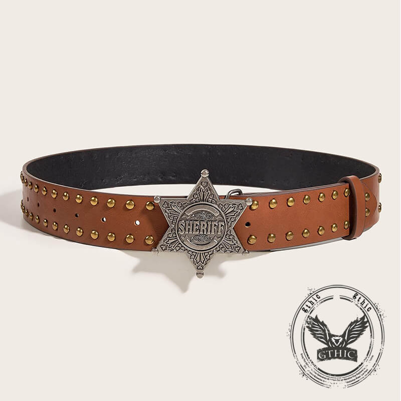 Vintage Pattern Star Buckle Studded Leather Belt | Gthic.com