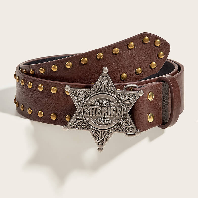 Vintage Pattern Star Buckle Studded Leather Belt | Gthic.com