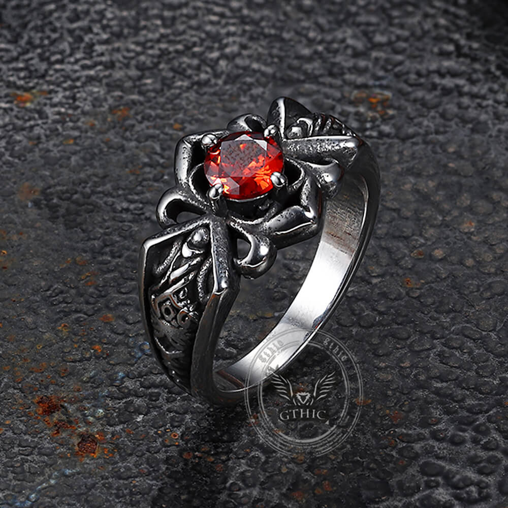 Vintage Patterned Openwork Gem Stainless Steel Ring