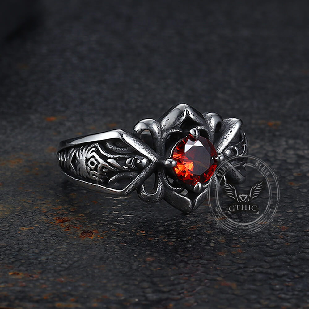 Vintage Patterned Openwork Gem Stainless Steel Ring
