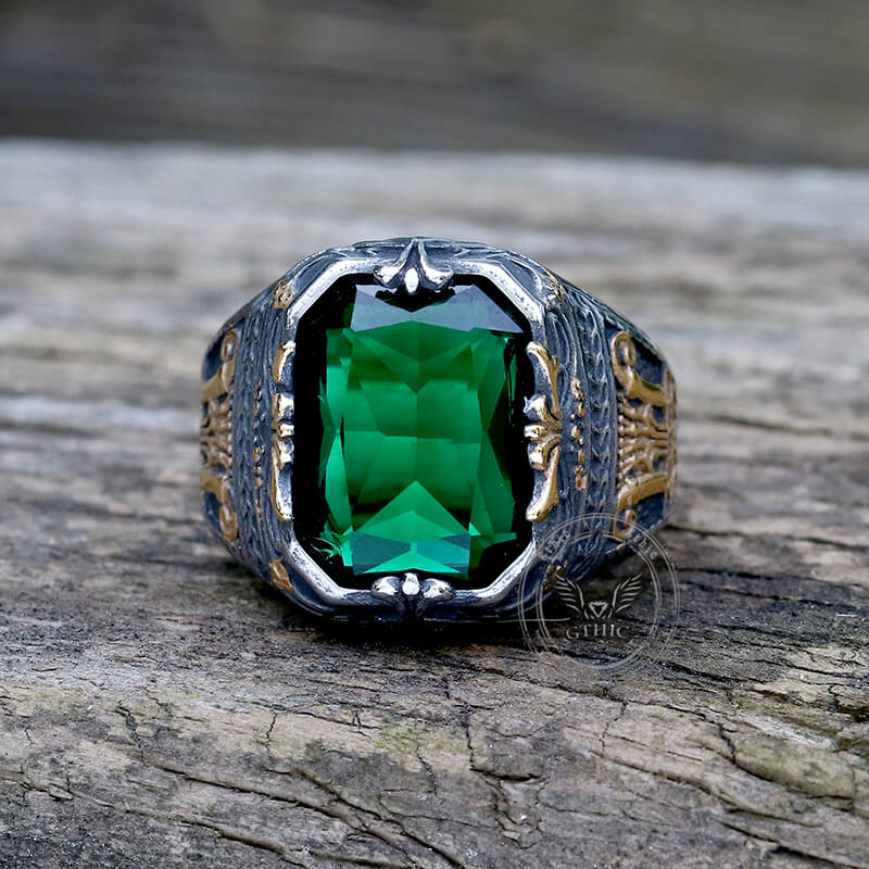 Vintage Patterns Green Zircon Stainless Steel Ring