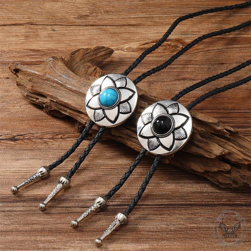 Vintage Petal Turquoise Leather Alloy Bolo Tie 01 | Gthic.com